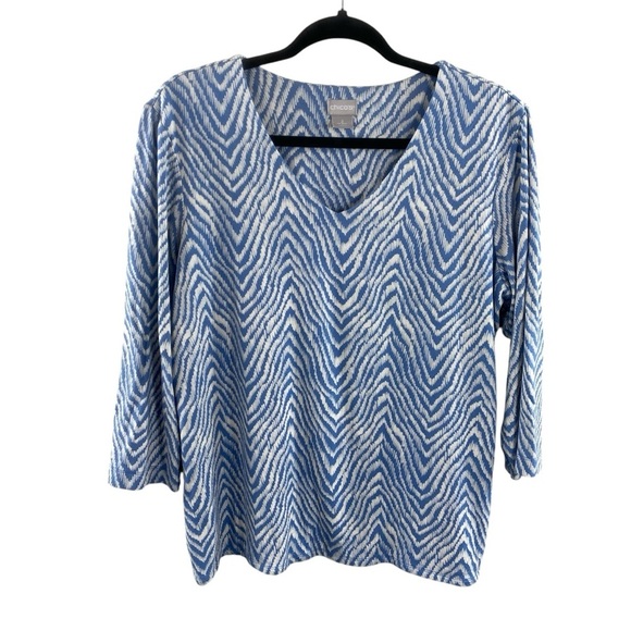 Chico's Blue and White Graphic Stripes 3/4 Sleeve VNeck Blouse Sz L - Picture 1 of 10